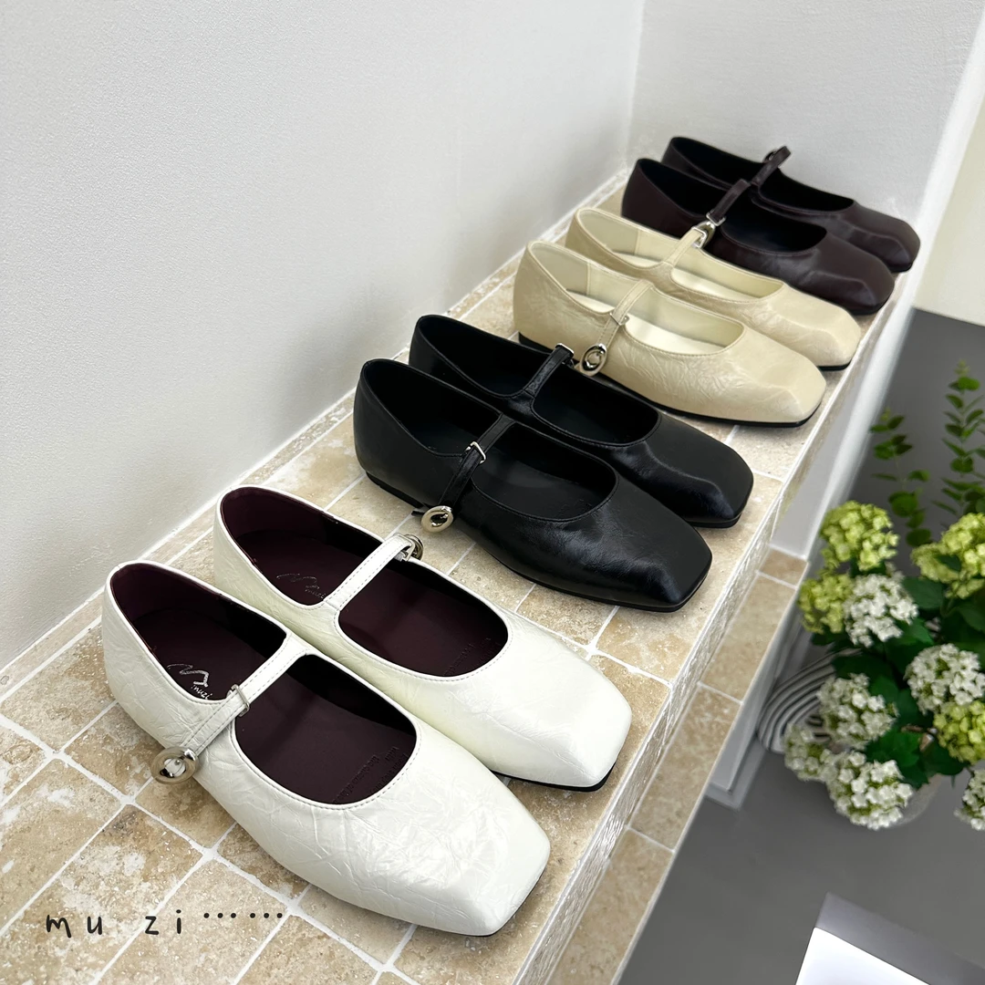 福利款春季新款方头女鞋浅口单鞋平底法式方头玛丽珍皮鞋复古软鞋