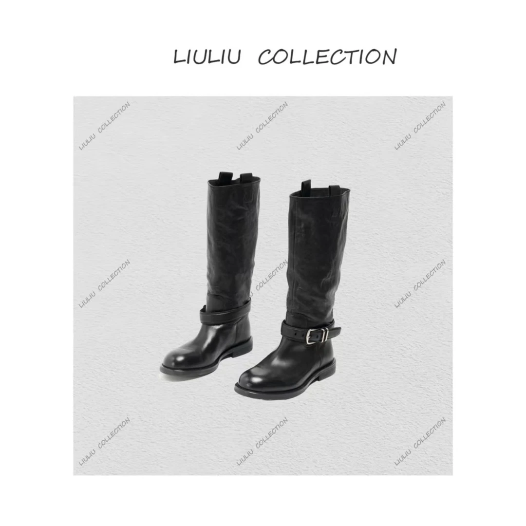 牛皮靴圆头高筒靴骑士粗跟中筒女鞋长靴长筒 U259