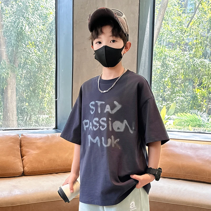 男童字母短袖T恤2025新款儿童中大童夏季薄款男孩半袖灰色帅气潮T