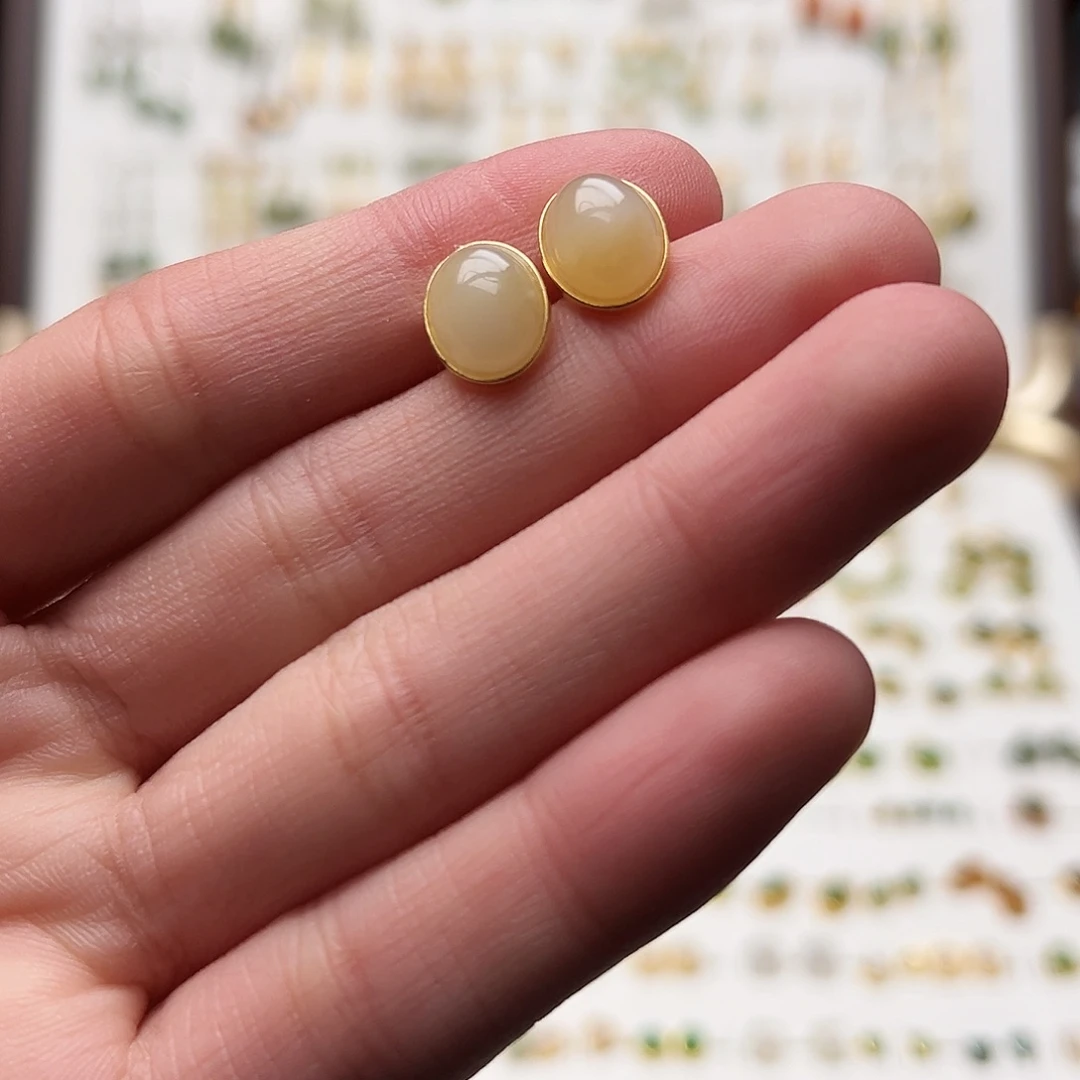 银S925镀金镶嵌和田玉耳钉