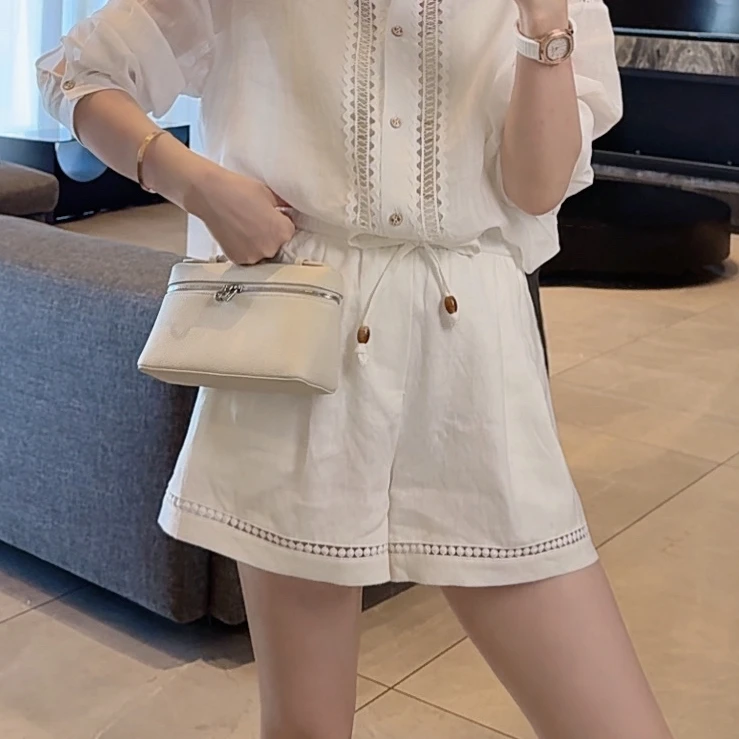 【大静静】亚麻松弛感~镂空设计夏季休闲百搭短裤