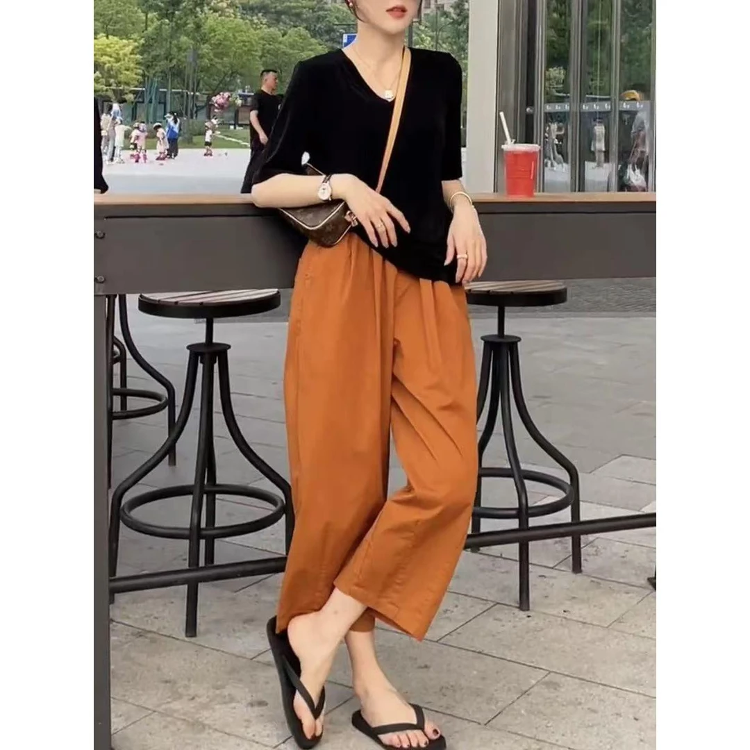 冰丝奶奶裤2025夏季薄款高腰显瘦萝卜裤九分纸片裤休闲运动阔脚裤