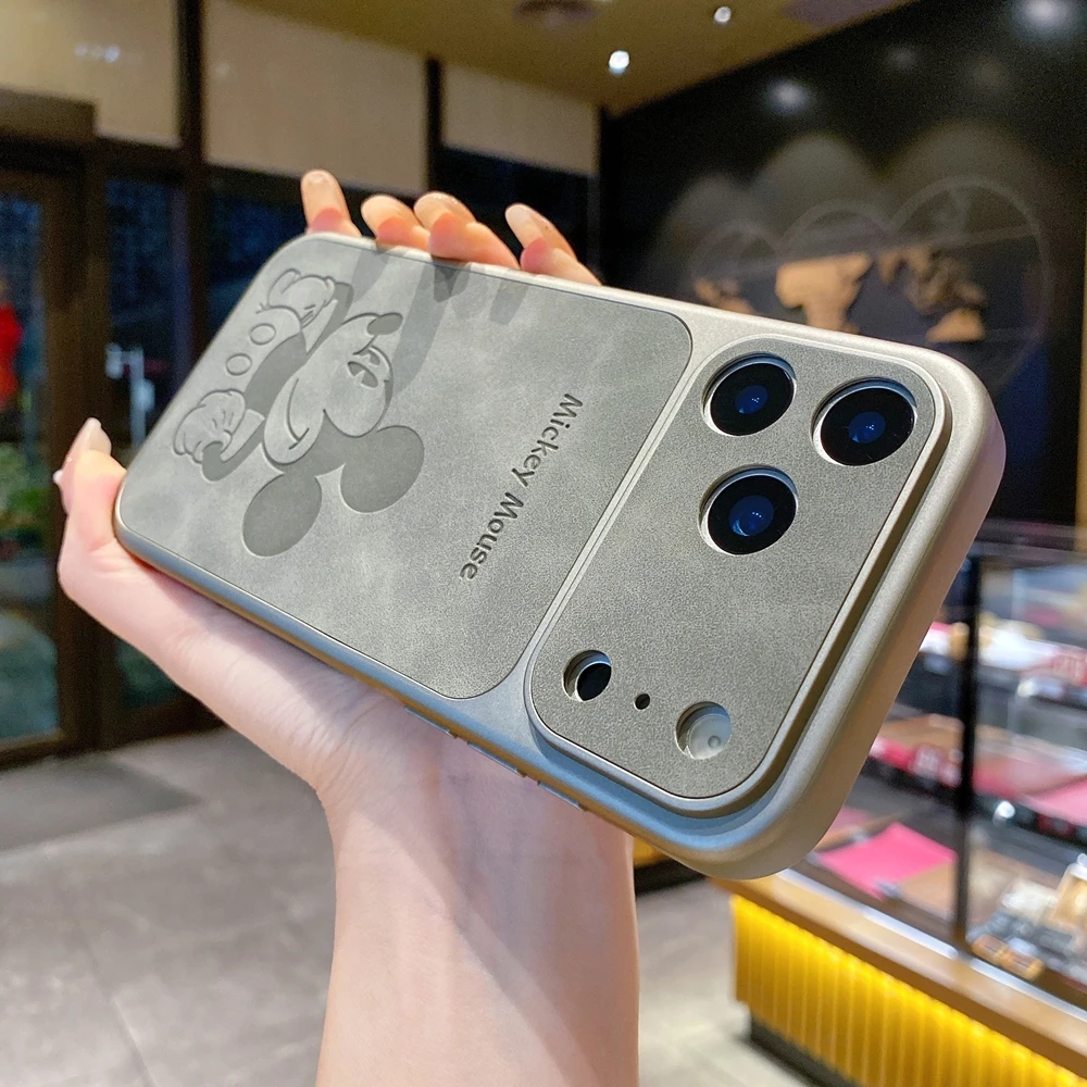 大视窗米奇适用iphone17promax手机壳16pro荔枝纹素皮防摔13p风格