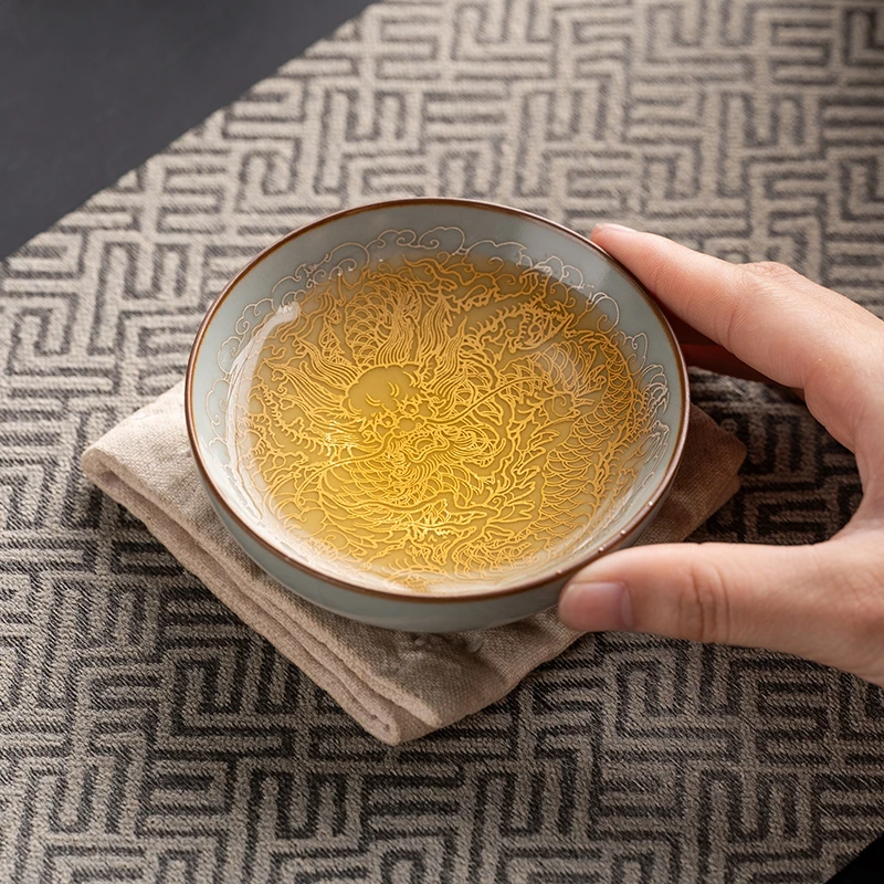 汝窑描银御龙普洱杯茶杯主人杯家用单杯品茗杯子个人专用茶具礼品