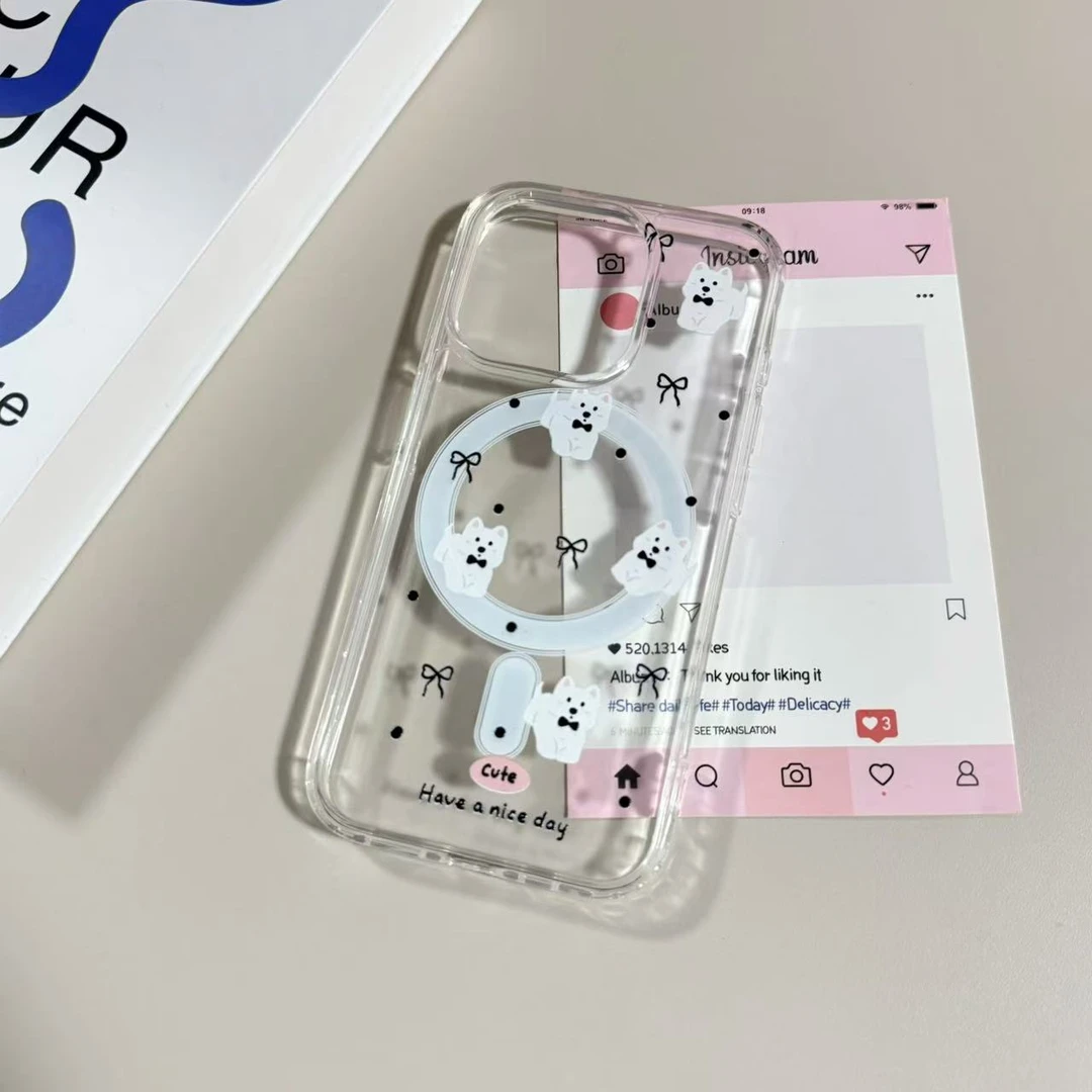 【亚克力磁吸】黑蝴蝶结小狗高透手机壳适用iPhone16/15/14卡通