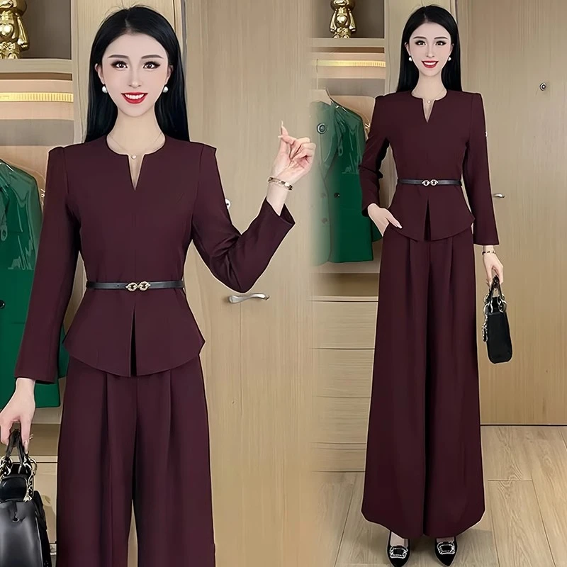 时尚套装女2025春季新款款洋气显瘦法式收腰V领上衣阔腿裤两件套