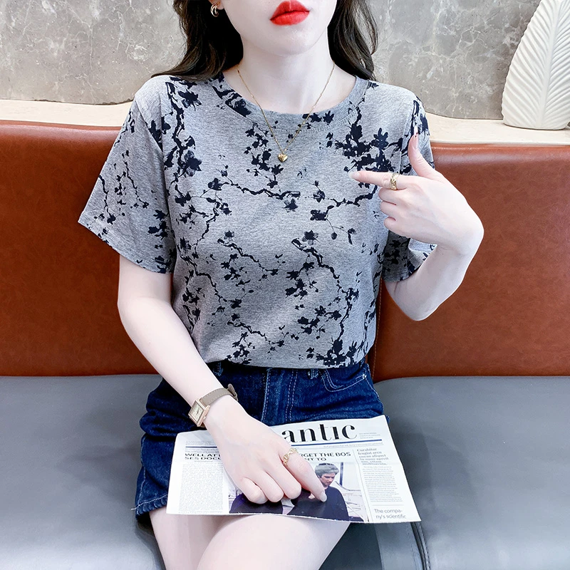中国风水墨印花短袖上衣女夏季2025新款装洋气宽松百搭圆领T恤衫