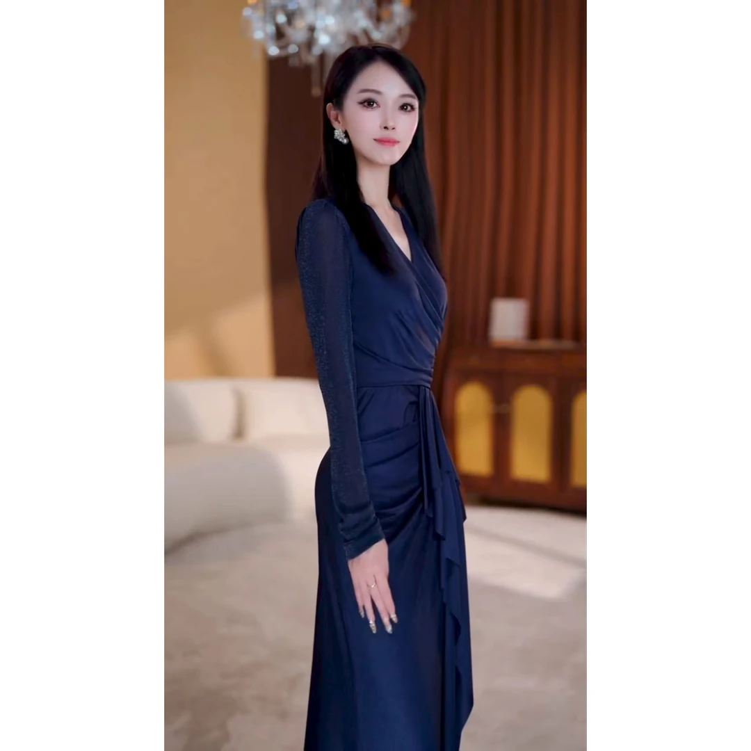 【楠雅】春夏季时尚开叉高腰显瘦鱼尾裙气质长袖连衣裙-YL11401