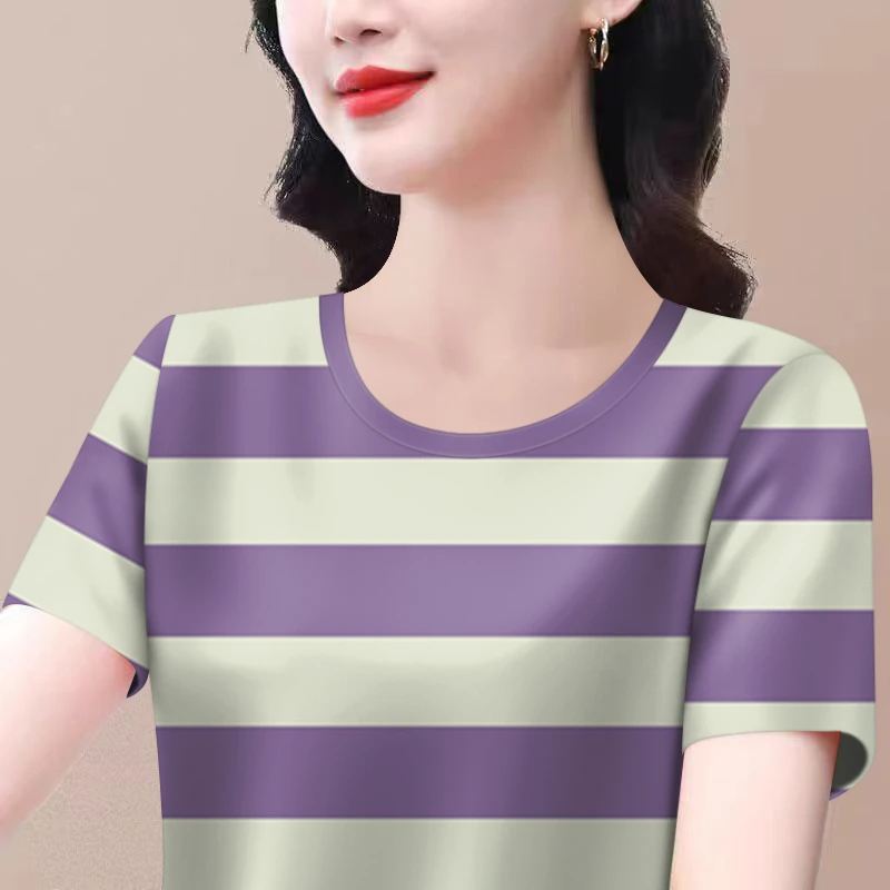 好品捡漏~夏季款条纹短袖t恤女大码宽松遮肚显瘦圆领打底上衣时尚