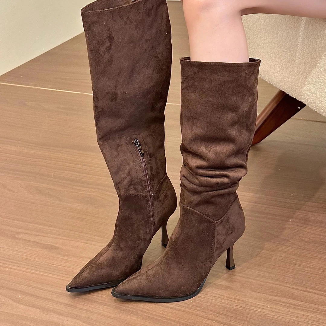 titing气质大长腿！复古绒面尖头细跟堆堆靴女秋冬多穿高跟过膝靴