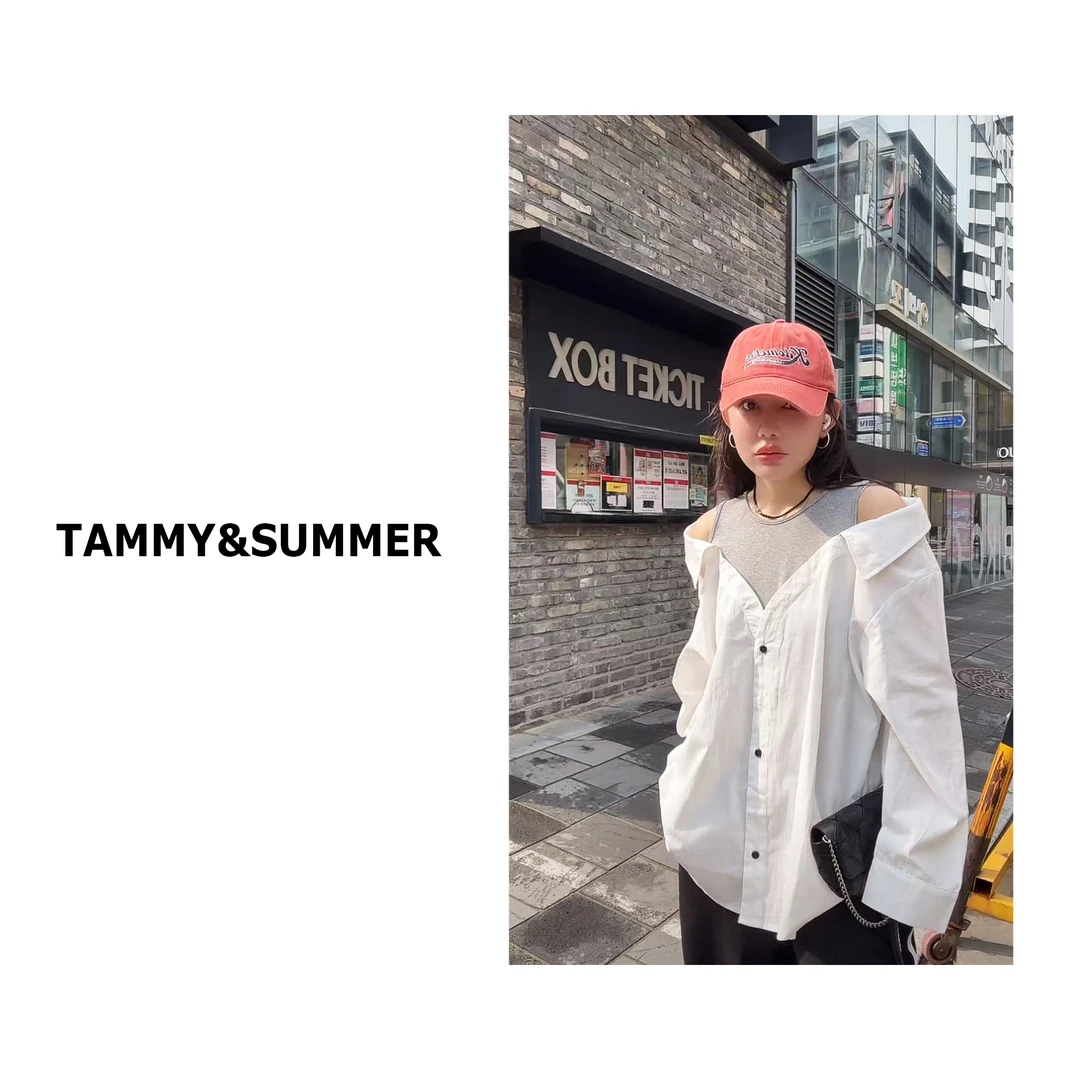 【Tammy&Summer】韩系时尚设计感假两件长袖白色衬衫小众衬衣16103