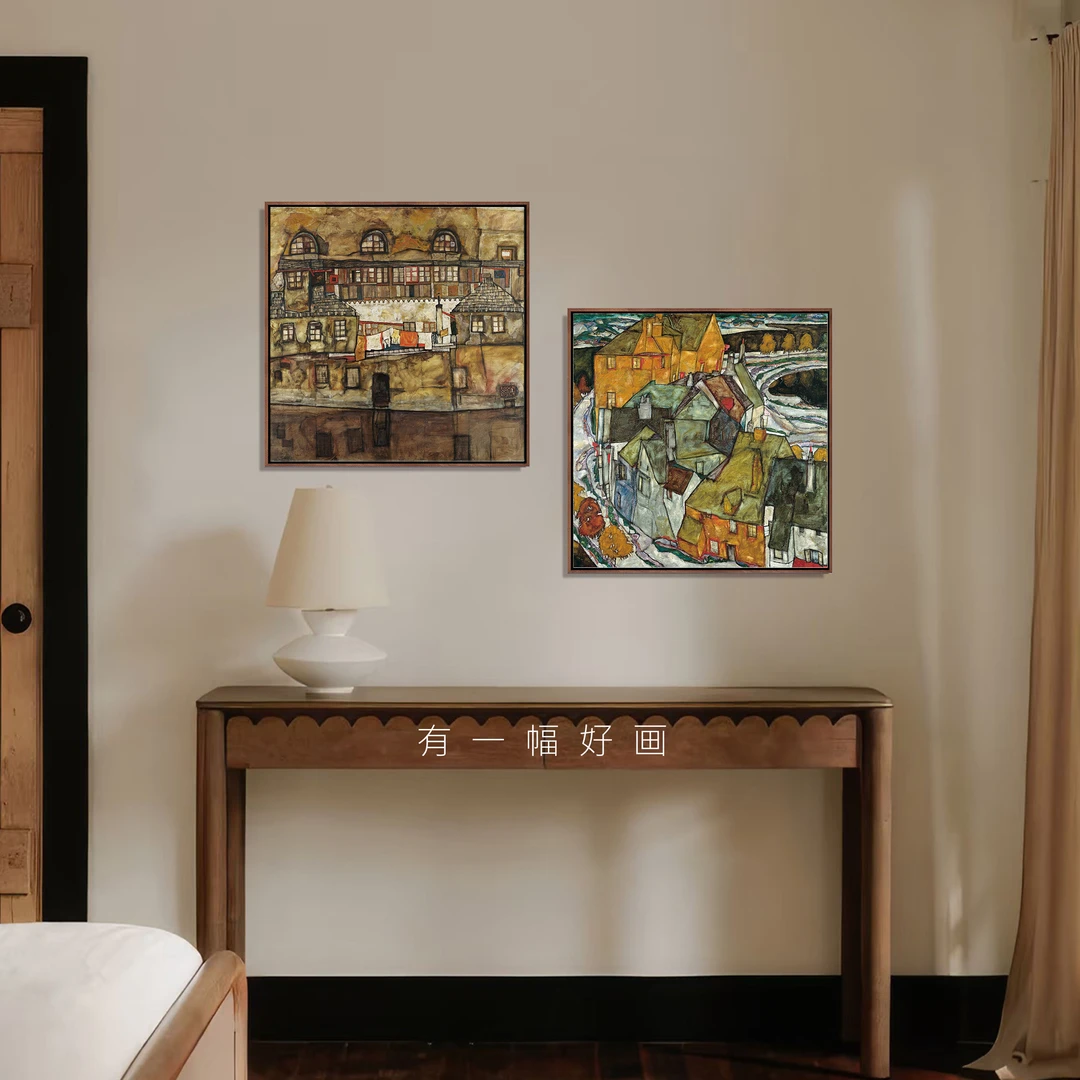 席勒房子系列小众挂画客厅玄关卧室书房艺术装饰画实木边框装裱