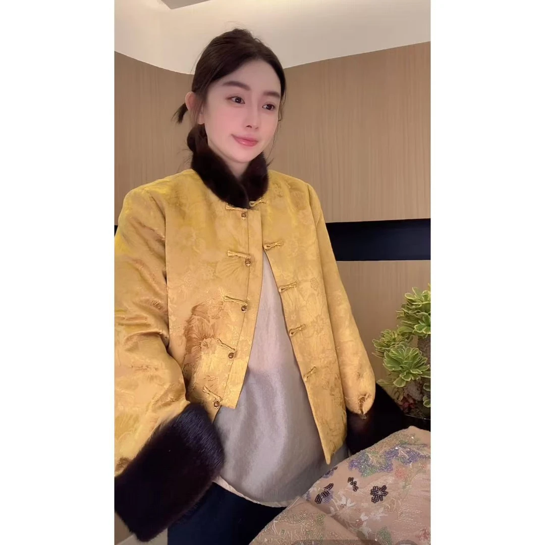 【花间雀影】新中式国风气质刺绣拼接水貂毛长袖棉服ZM1007