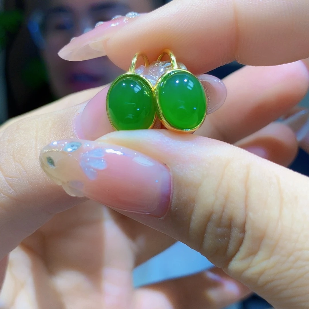银S925镀金镶嵌和田玉（碧玉）耳饰
