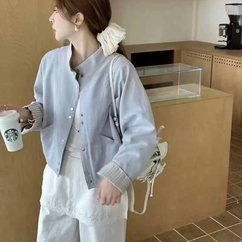 休闲立领小个子短款夹克外套女2025春简约时尚百搭上衣单排扣开衫