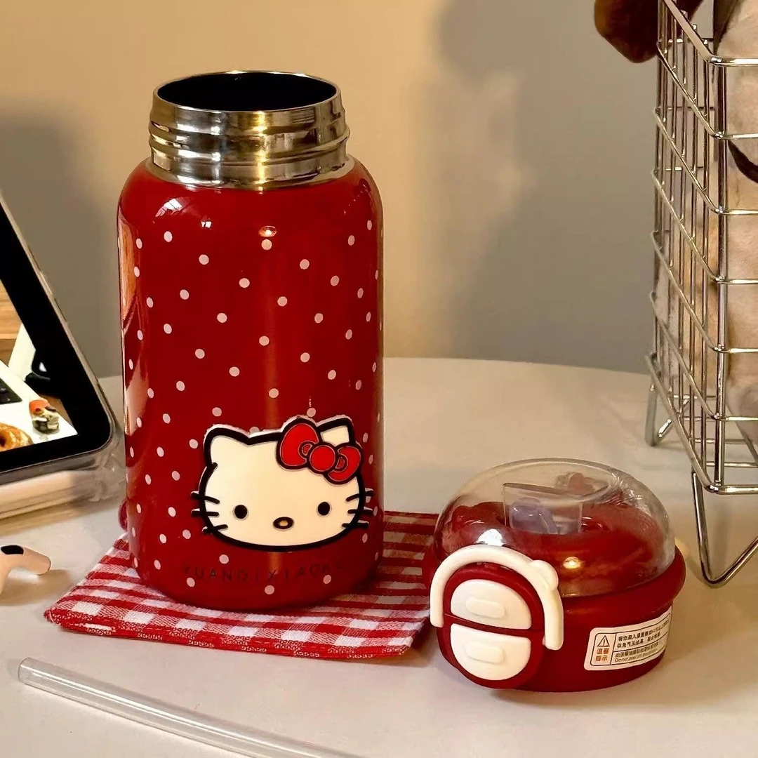 网红水杯复古红波点猫咪保温杯女生高颜值可爱便携保温杯学生kpy