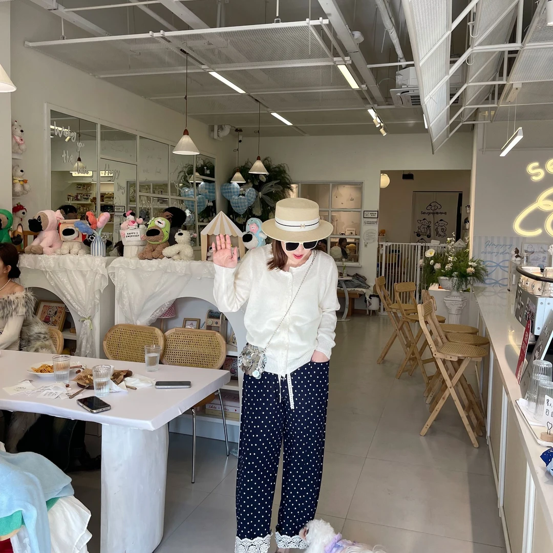 青青·STUDIO〖舒适波点〗春款大码波点蕾丝亚麻天丝休闲裤S25093