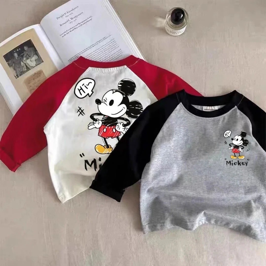 纯棉新款米奇儿童上衣T恤女童男童小童百搭卡通宝宝长袖打底T恤