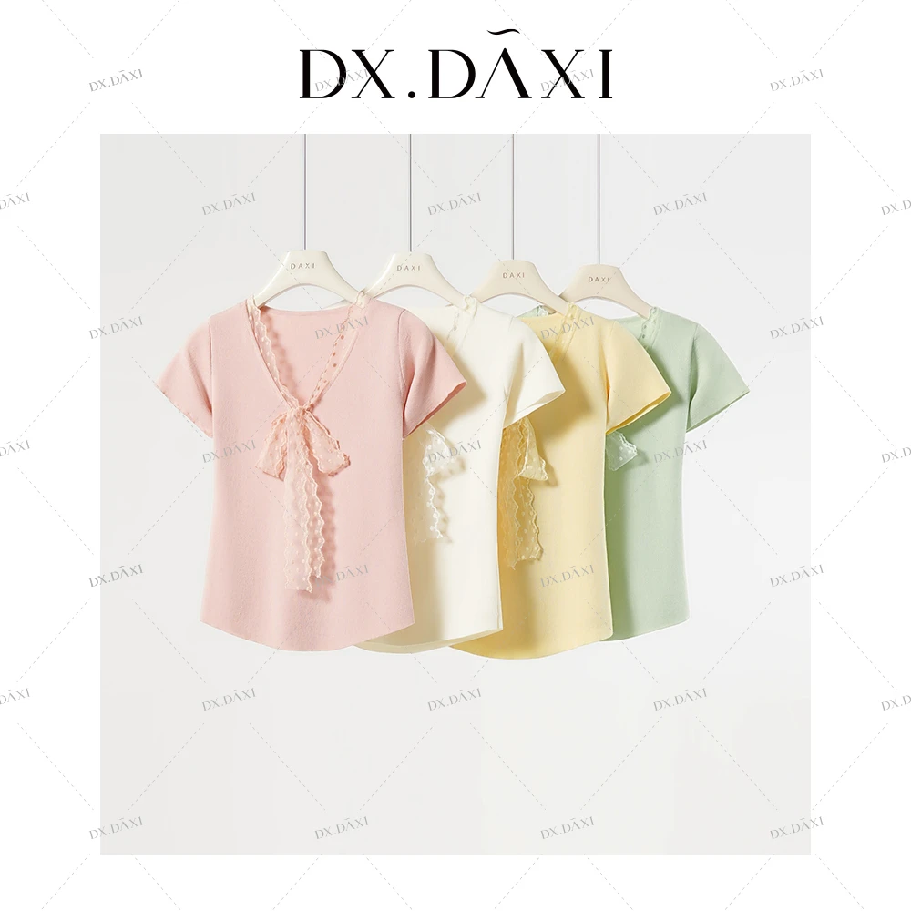 代大喜【心动赴约】短袖女款爆款2025新款百搭T恤V领上衣针织半袖