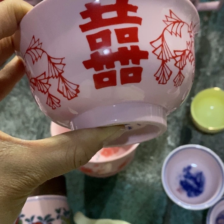 摆件陶4.5寸红稀土喜字碗