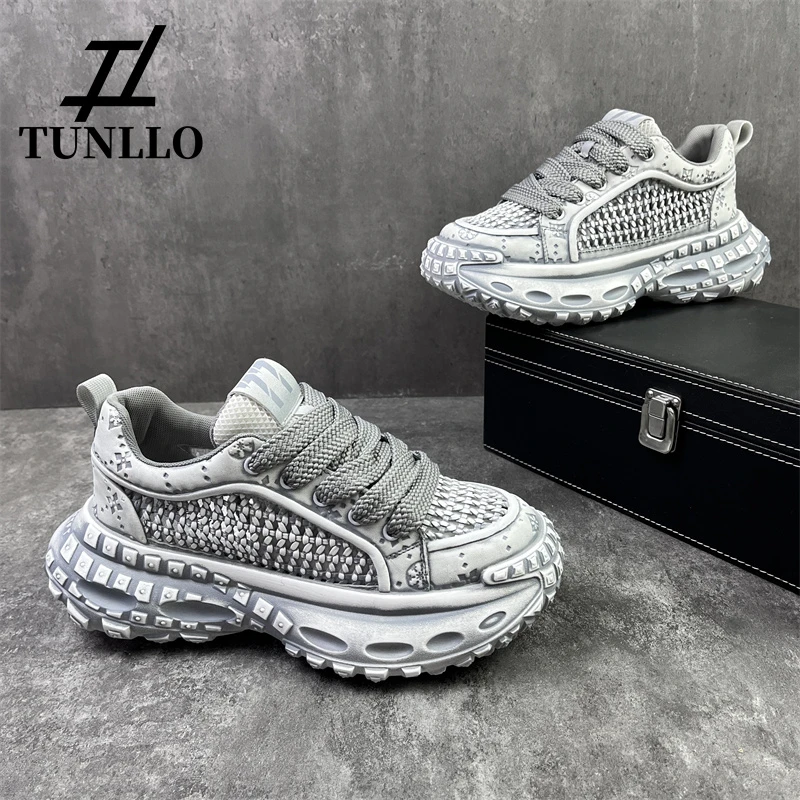 复古擦色镂空编织网面透气轮胎底老爹鞋男厚底增高时尚百搭休闲鞋