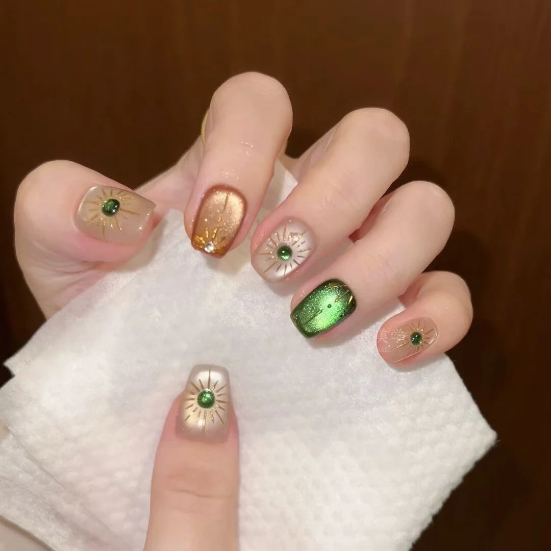 【阿波罗】纯手工高定手绘纹理感希腊太阳神穿戴甲 显白绿宝石美甲