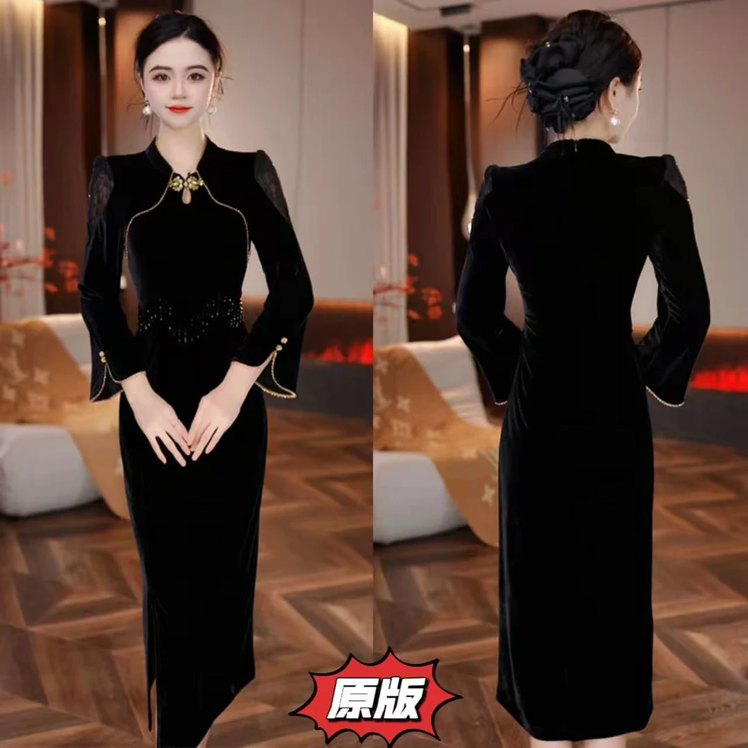 【东方雅韵】高档丝绒时时尚旗袍裙2025秋季新款显瘦洋气轻奢减龄裙