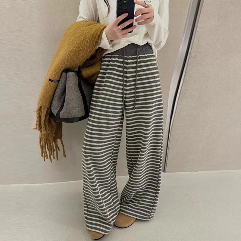 2025新款抽绳拖地条纹直筒休闲裤女春季时尚百搭松紧腰宽松阔腿裤