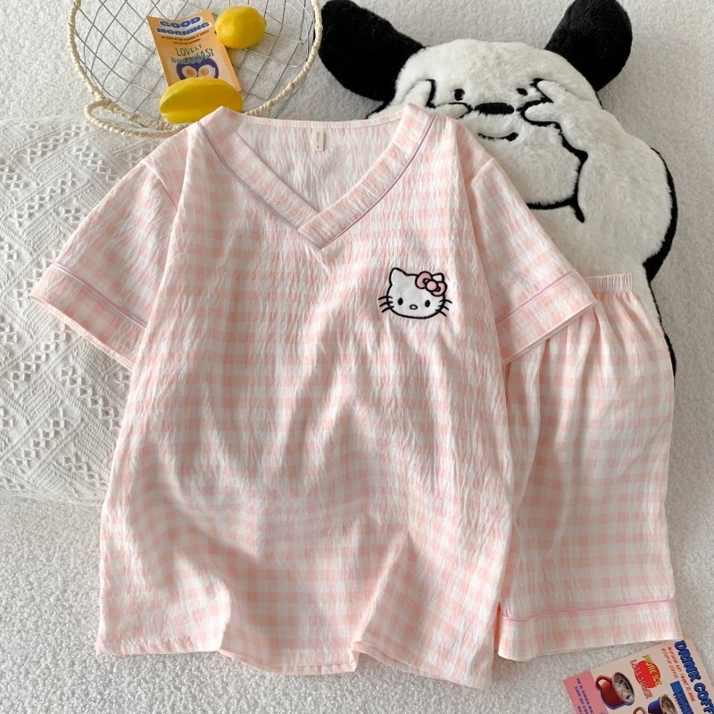 粉格小猫云朵棉睡衣春夏秋季女爆款2025新款家居服套装V领短袖裤