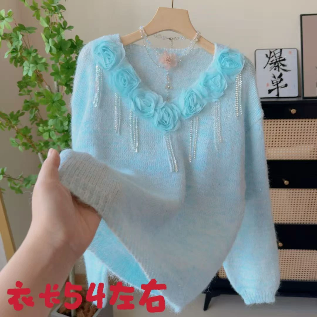 2711时髦穿搭宽松立体花朵毛衣针织衫洋气v领上衣