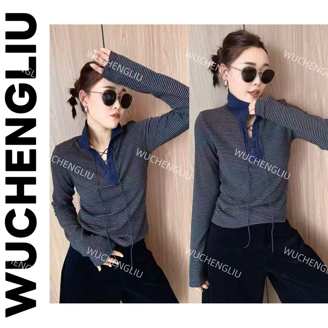 WUCHENGLIU·T7859深圳系带翻领超弹条纹百搭衫