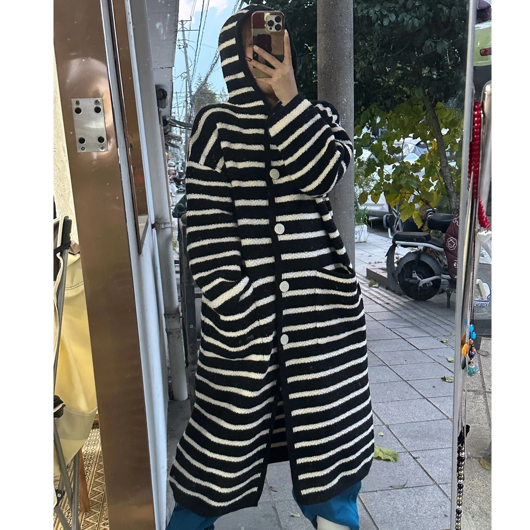 772325秋冬新款条纹宽松慵懒气质百搭中长款连帽外套