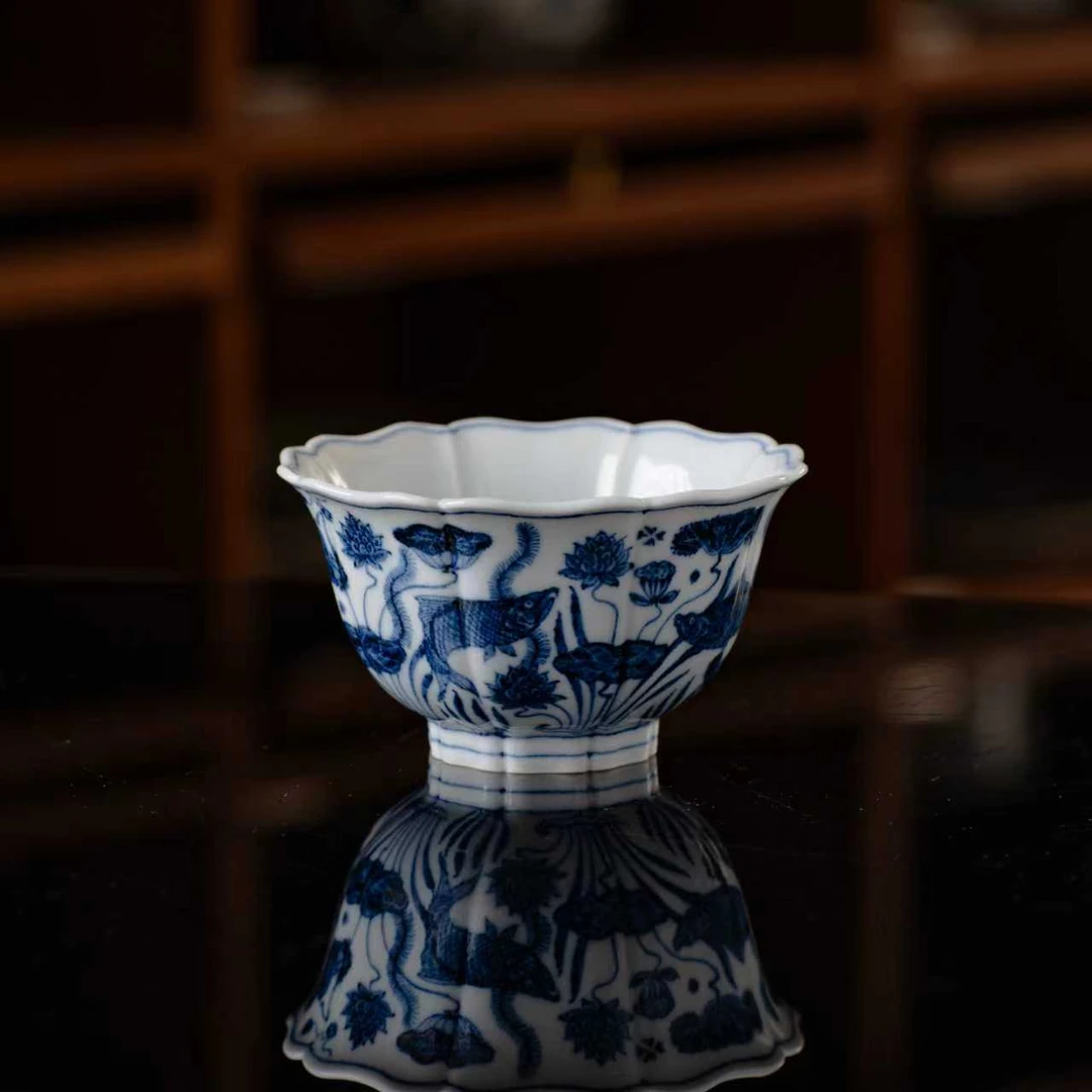 【意归处】且斋慕明八棱鱼藻压手杯景德镇纯手工手绘高端茶具茶器