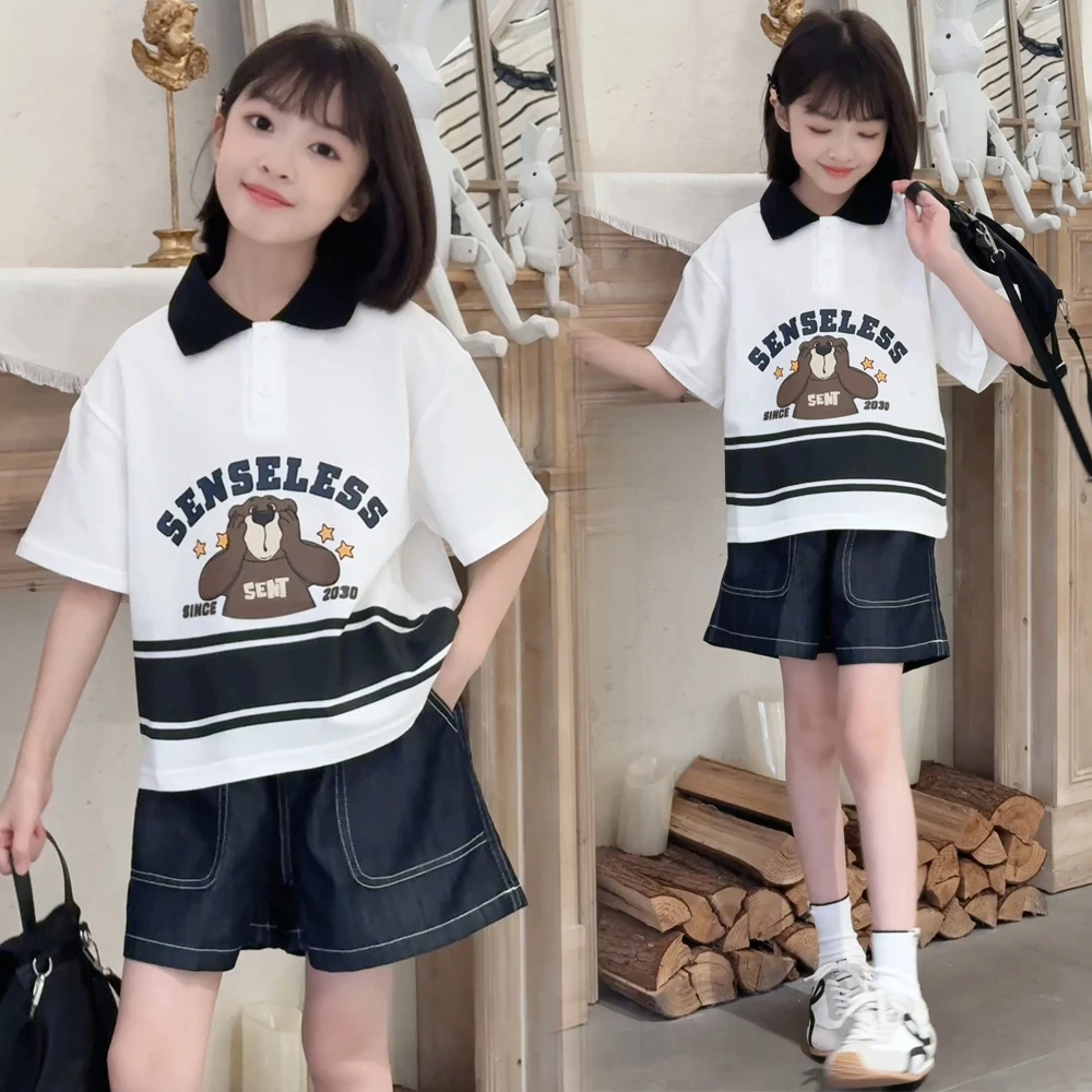 小女孩洋气小熊夏季宽松撞色POLO衫韩版女童中大童牛仔短裤两件套