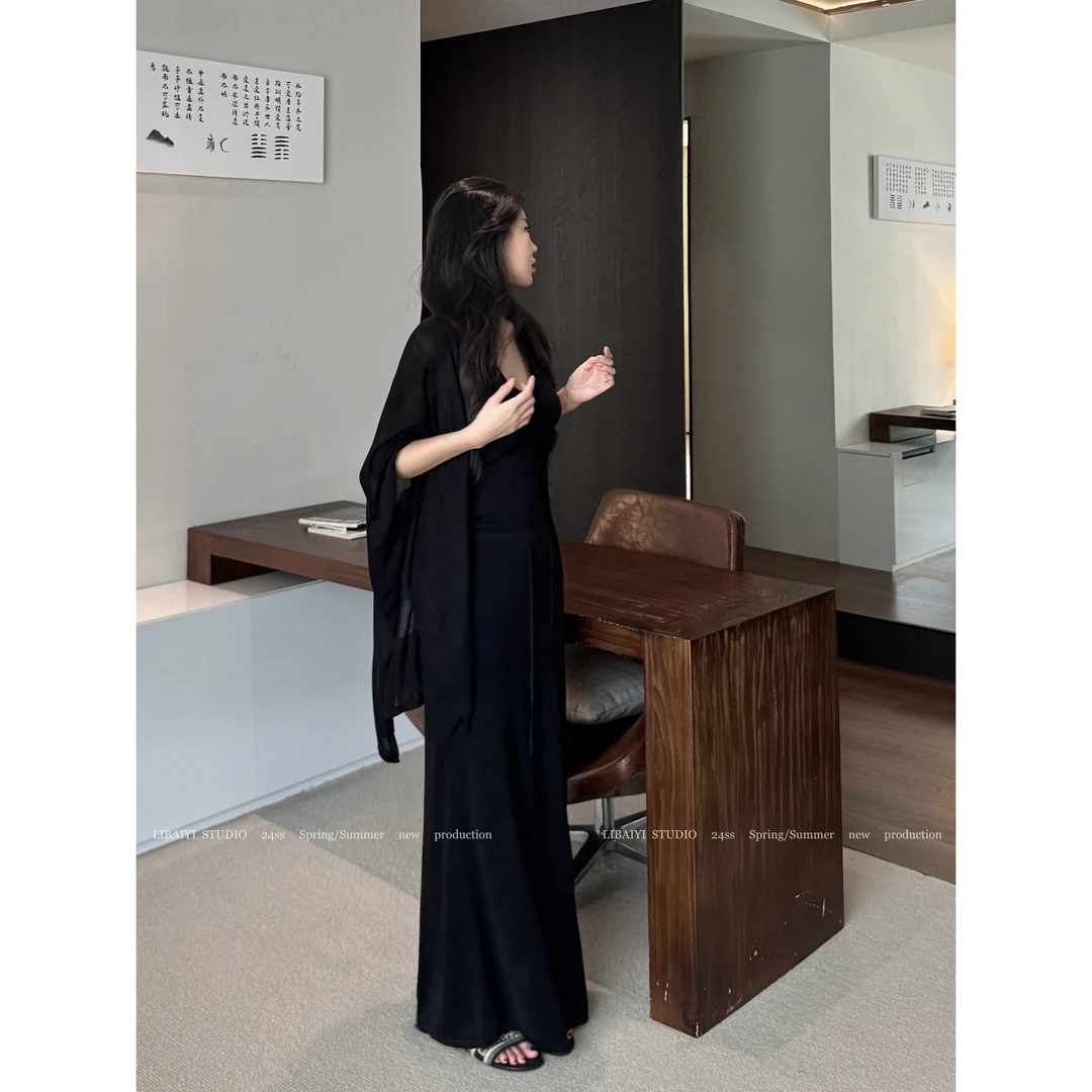 现货LIBAIYI 矜贵日常/ 慵懒静奢吊带披肩裙子裤子四件套1748