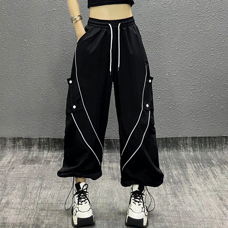 拼色斜条纹装饰轻薄休闲裤女夏新款高腰宽松显瘦百搭直筒束脚裤子