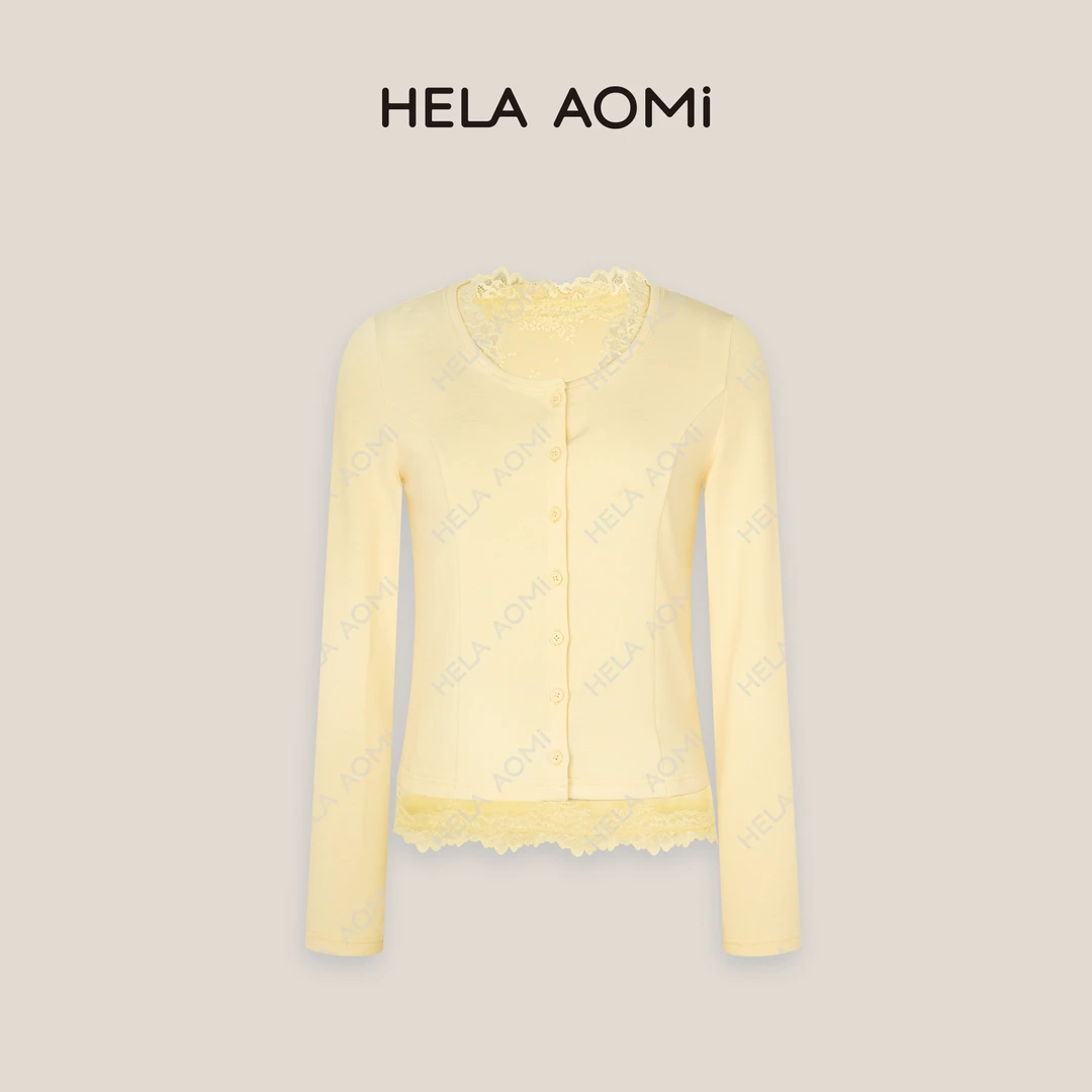 HELAAOMI“鹅黄蕾丝真两件”蕾丝拼接修身显瘦开衫上衣CY5BB23604