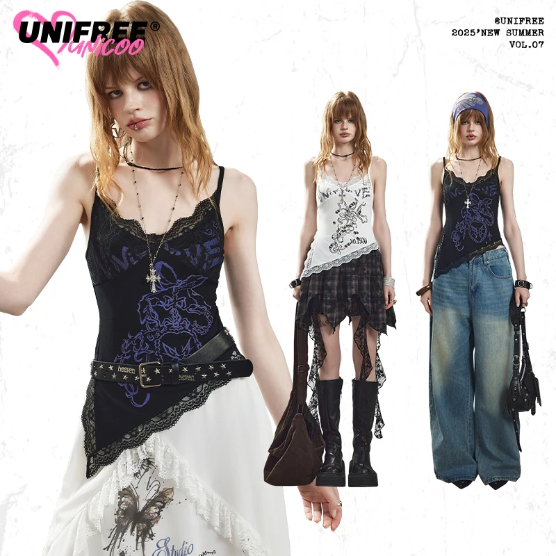 【25年夏】蕾丝拼接吊带背心不规则纯欲辣妹修身外穿上衣