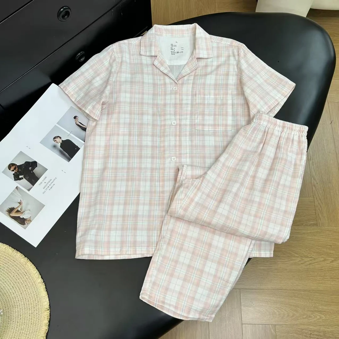纯棉少女粉清新减龄格子翻领短袖家居服套装H7791