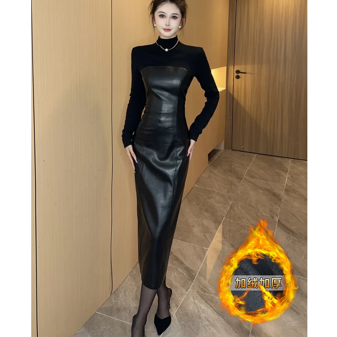 YY加绒加厚冬季新款显瘦气质长袖时尚休闲百搭打底修身连衣裙3292