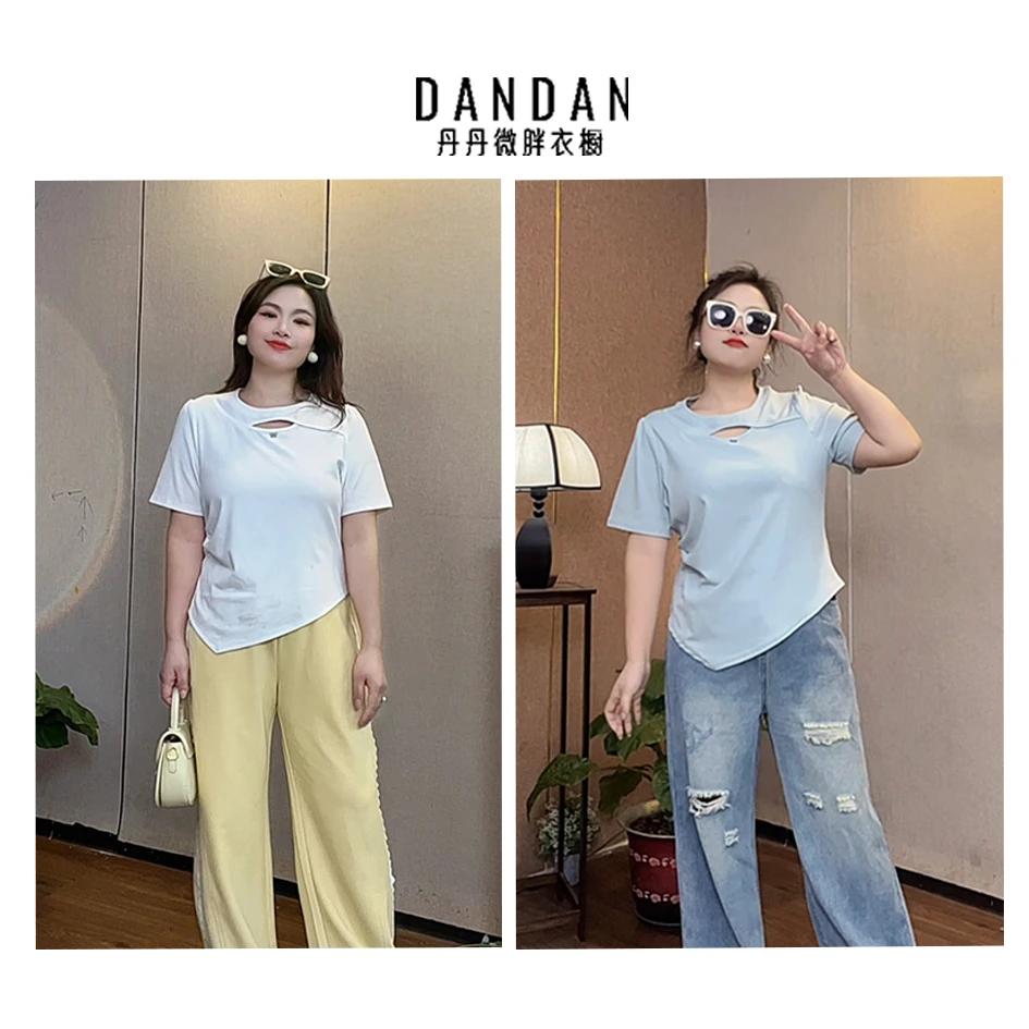 丹丹微胖2025夏季镂空设计感正肩圆领百搭显瘦T恤上衣
