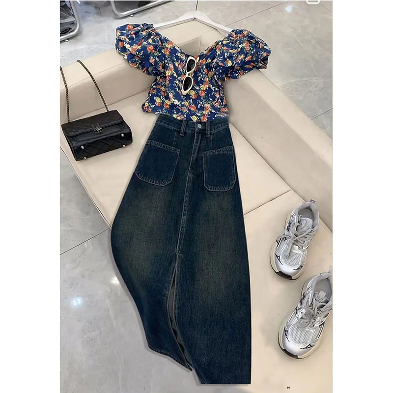 流行穿搭一整套女2025新款韩版显瘦碎花衬衫高腰牛仔半身裙两件套