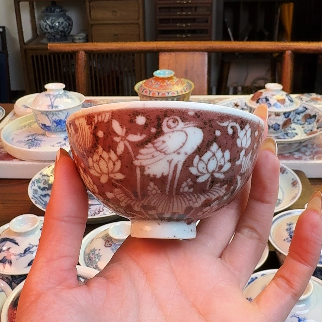 杯重工撒红釉里红一鹭连升鸡心杯