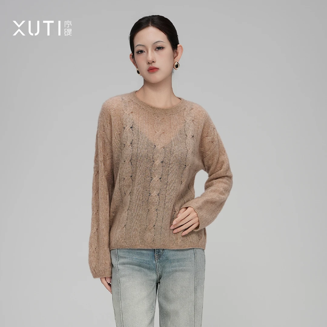 序缇秋季新款新中式山羊绒桑蚕丝针织上衣圆领打底衫H87-19963