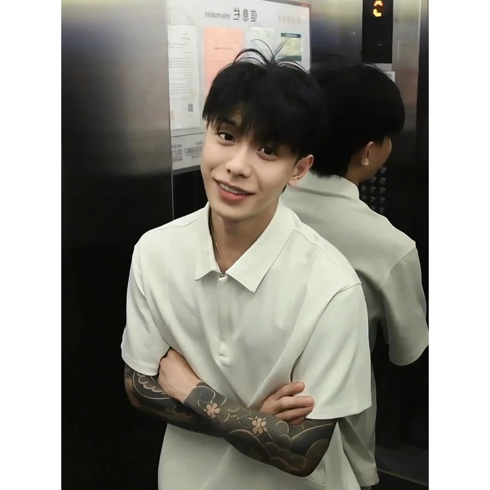 白色半拉链解构短袖polo衫男夏季美式重磅正肩t恤男士痞帅风半袖