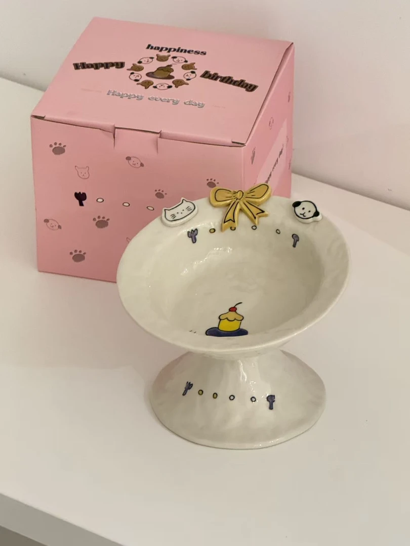 ININHOME小狗手作创意可爱陶瓷高脚宠物护颈猫粮碗水果甜品碗YM