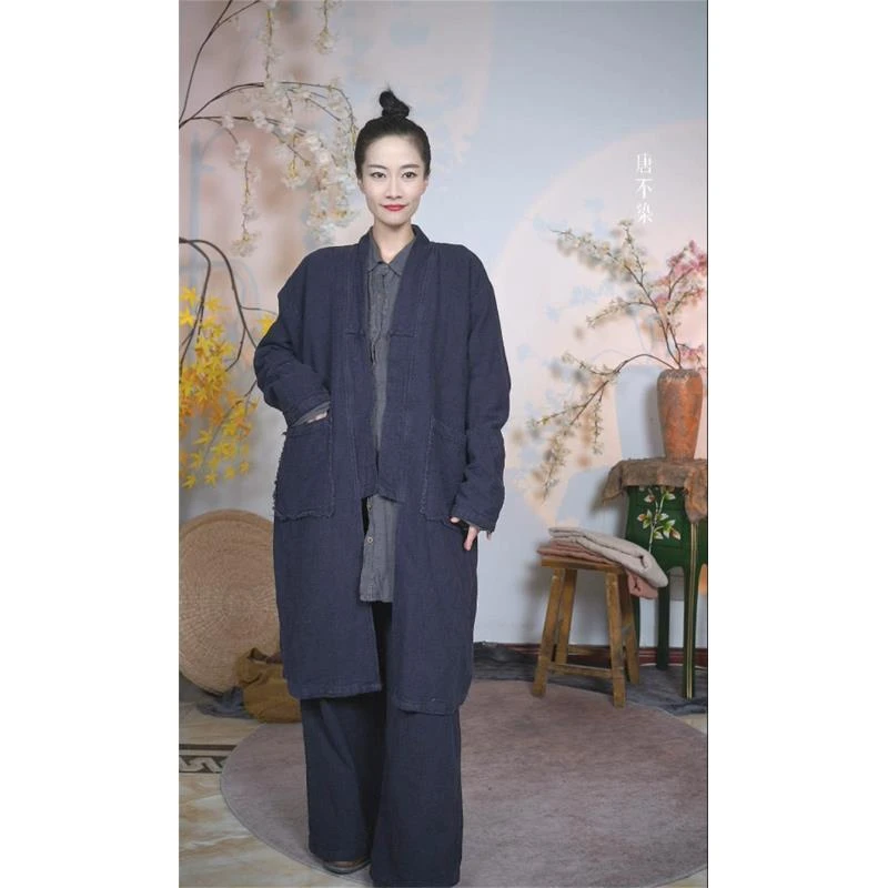 唐不染-春光外套62473/亚麻风衣文艺复古大气禅意双层长衫带里衬