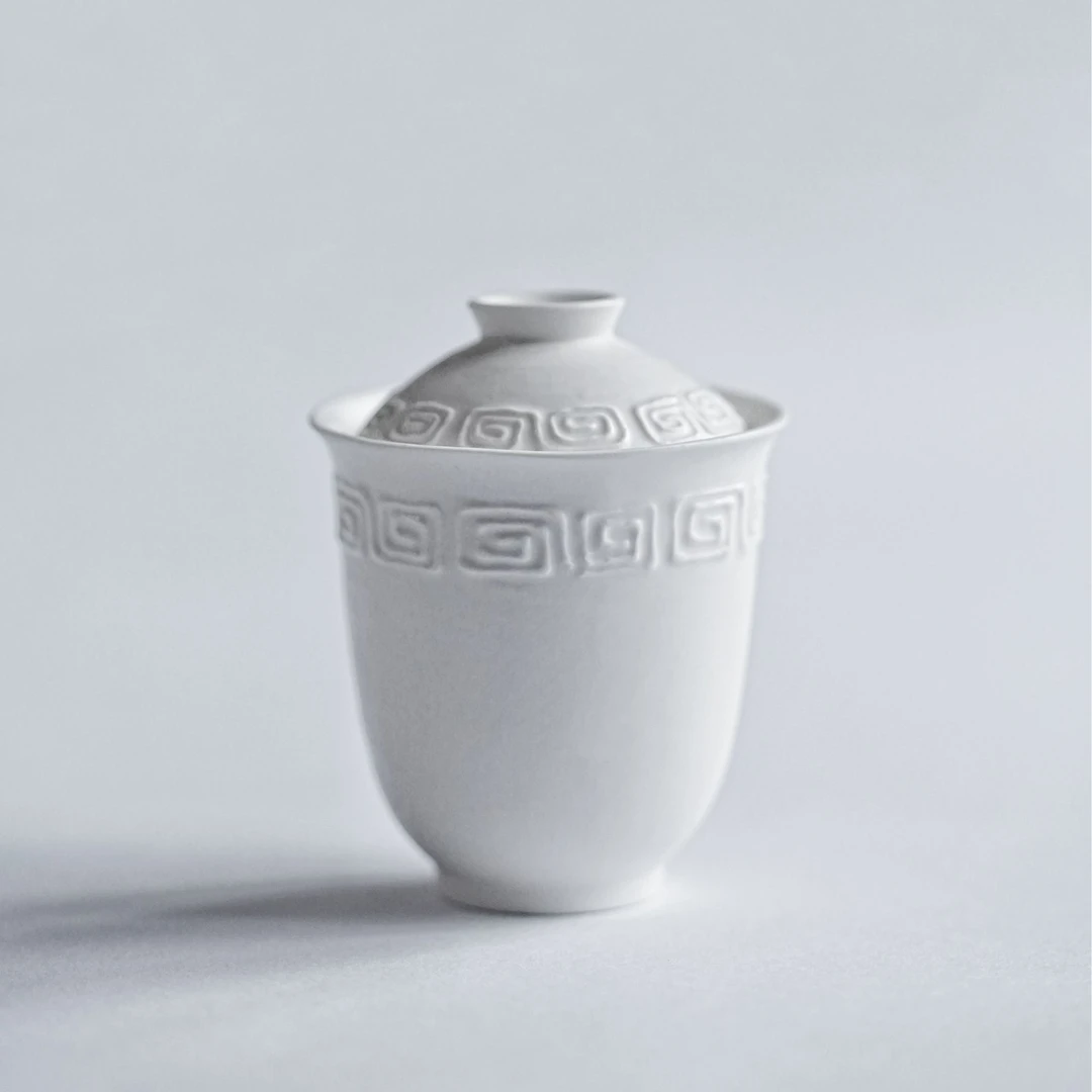 物后工作室-经典回纹盖碗 白色黑棕铜口 二才盖碗高香茶利器