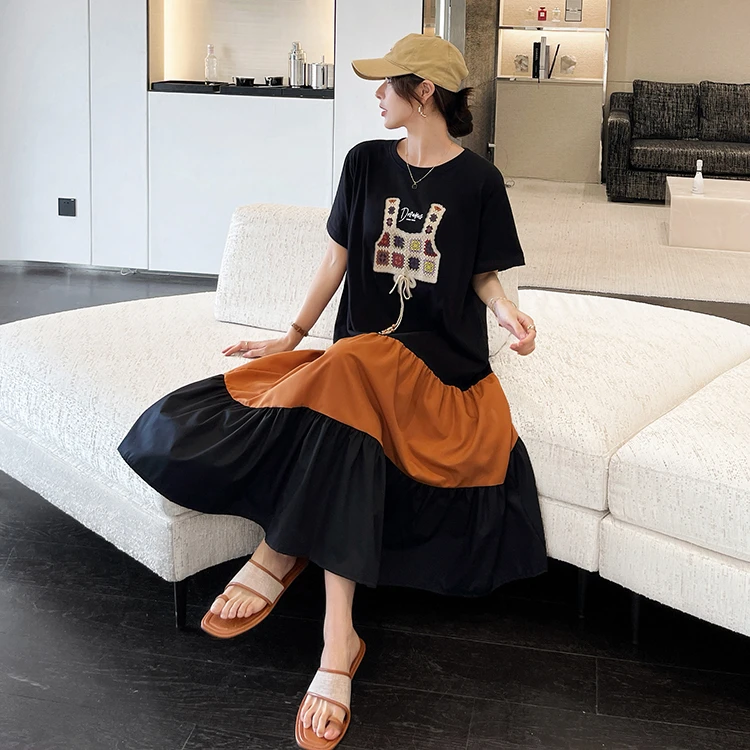 2025夏新款/大码宽松长款拼接拼色裙摆民族度假风短袖连衣裙