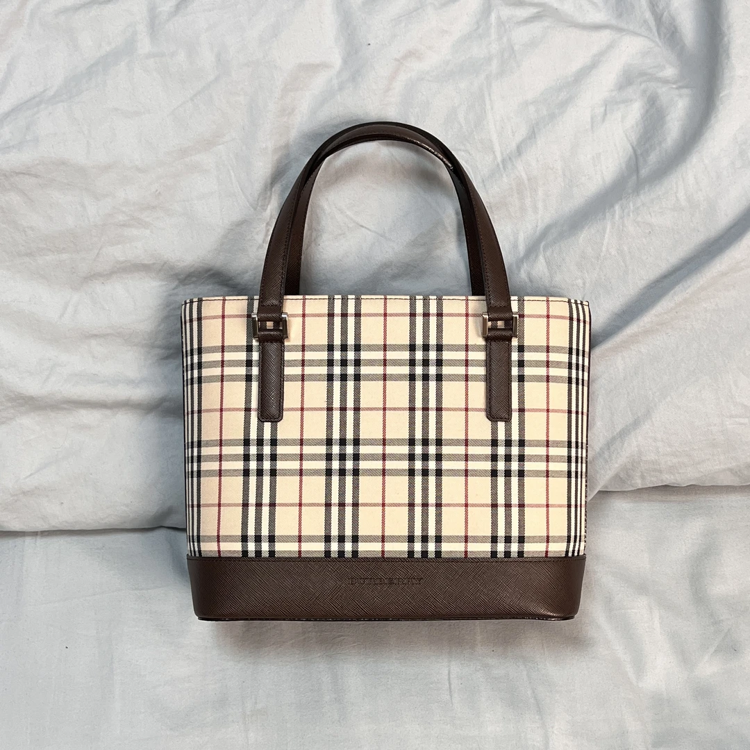 95新 BURBERRY/博柏利 手提包格纹布面琴谱托特盒子包银标棕色